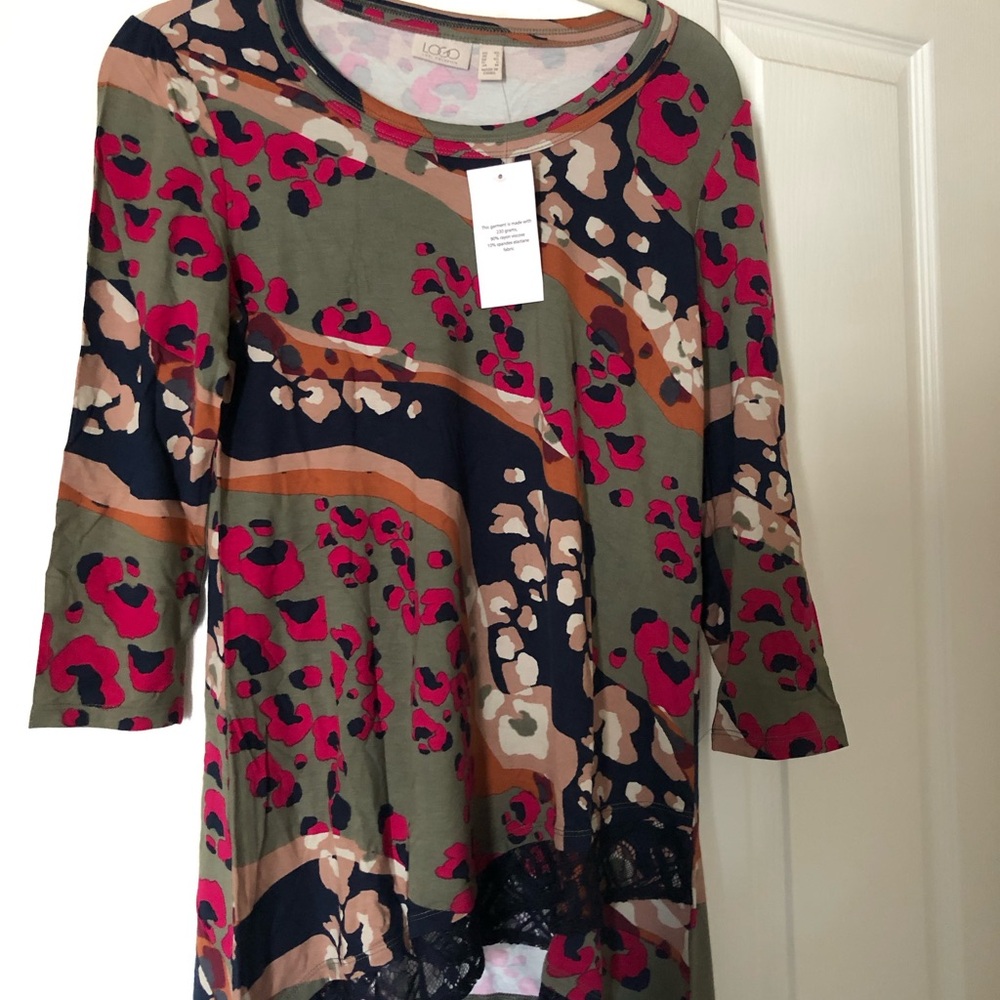 LOGO by Lori Goldstein Olive and Pink Patterned Blouse